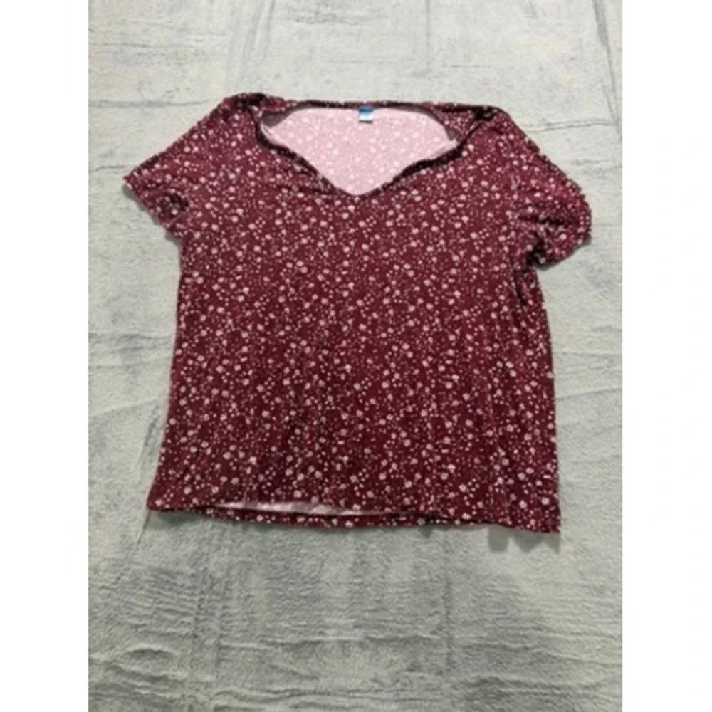 Old Navy Luxe Womens Large Burgundy Floral V-Neck Puff Short Sleeve‎ Top Shirt